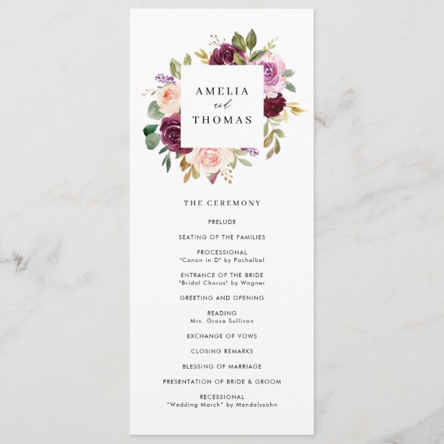 Programme Aquarelle Burgundy et Blush Fall FlorMariage (Devant)