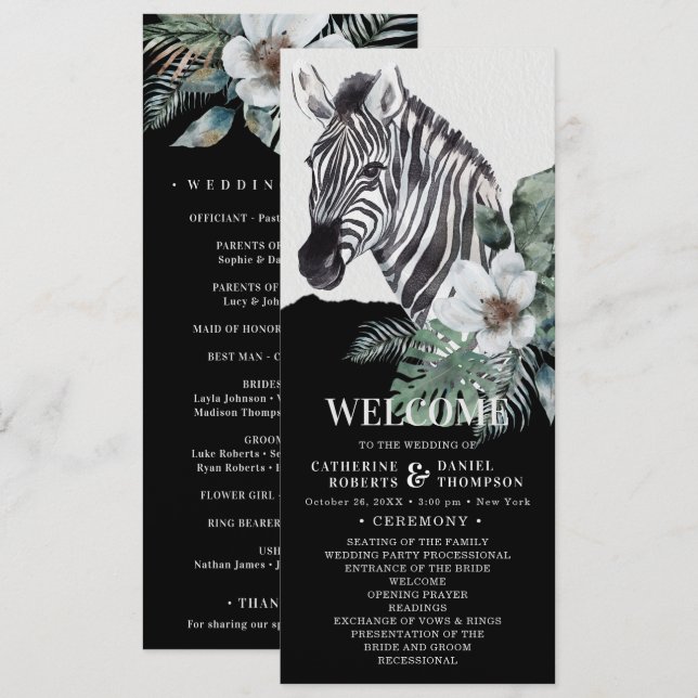 Programme Aquarelle Floral Zebra Safari Mariage (Devant / Derrière)