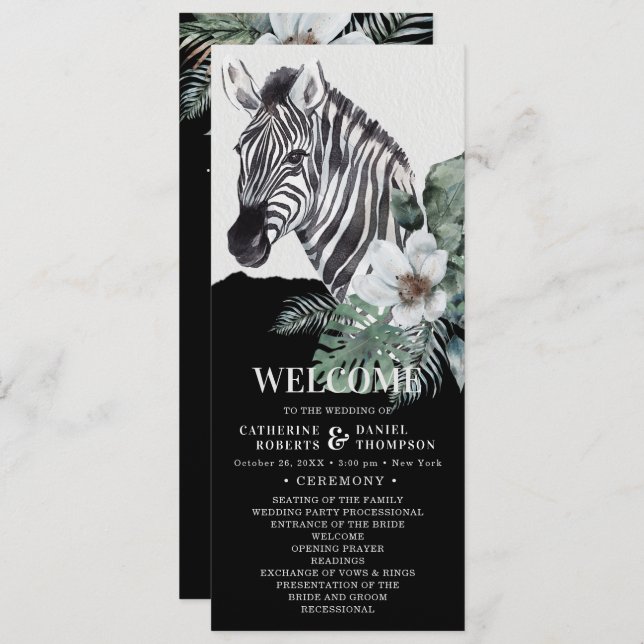 Programme Aquarelle Floral Zebra Safari Mariage (Devant / Derrière)