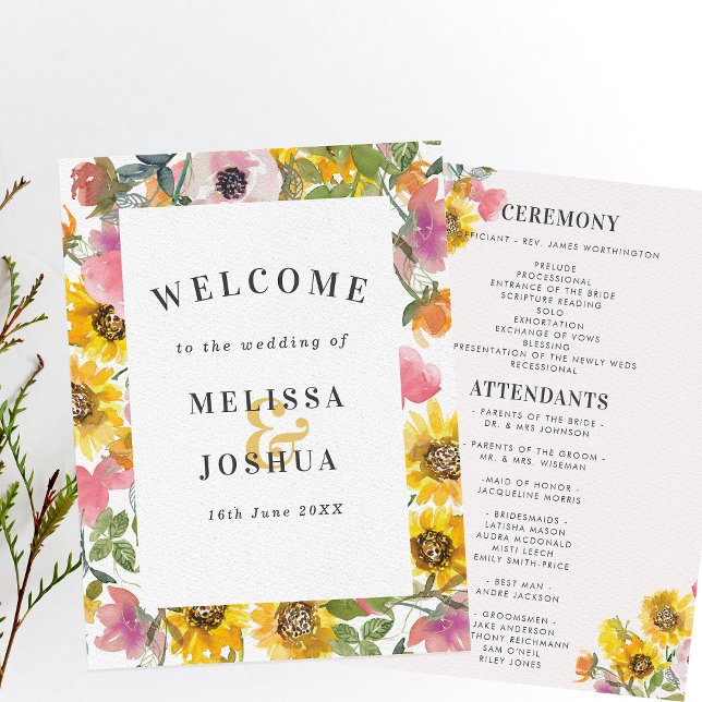 Programme Aquarelle jaune et rose Mariage plat (Créateur téléchargé)