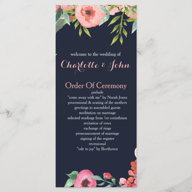 Programme Aquarelle Marine Blush Floral Mariage élégant (Devant)