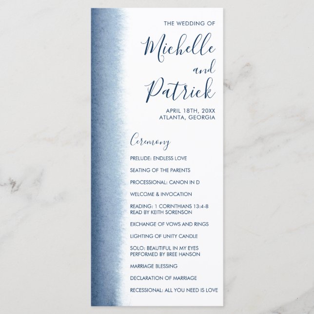 Programme Aquarelle moderne Mariage bleu marine (Devant)