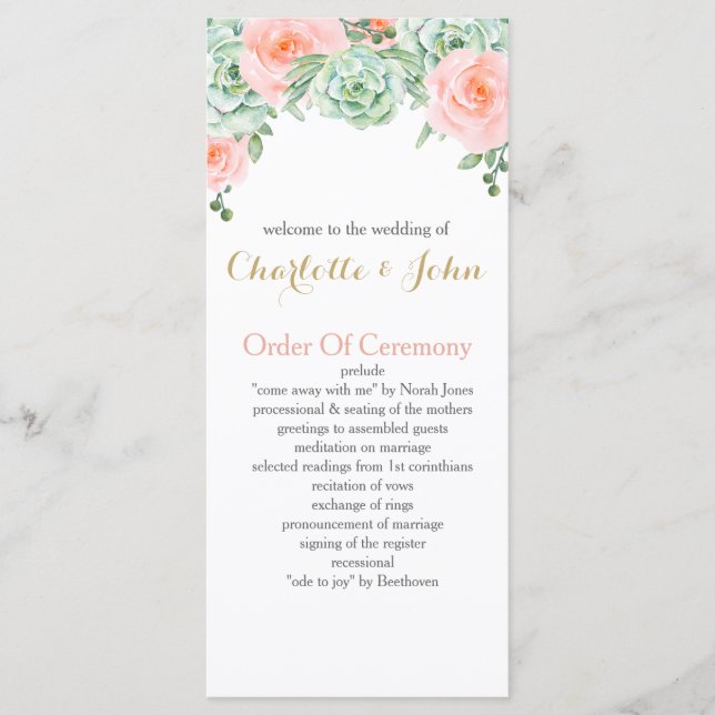 Programme Aquarelle Succulent Blush Floral Élégant Mariage (Devant)