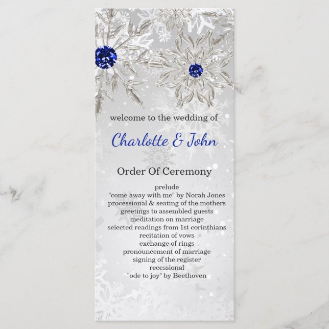 Programme argent royal bleu snowflakes mariage d'hiver (Devant)