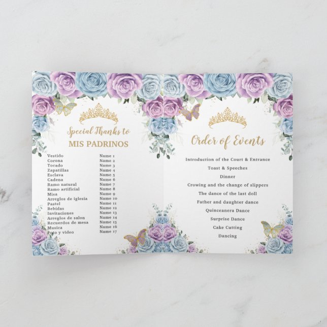 Programme Baby Blue Lilac Floral Quinceañera Ordre des événe (Intérieur)
