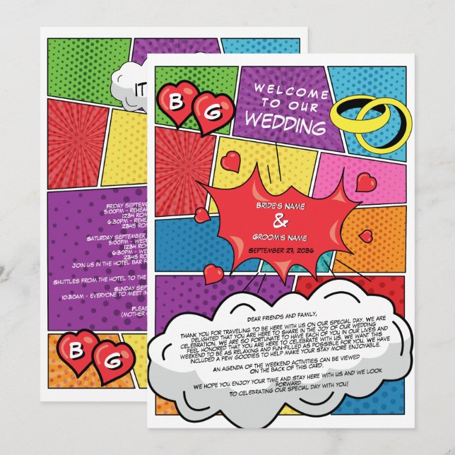 Programme Bande dessinée colorée Pop Art Mariage Itinéraire (Devant / Derrière)