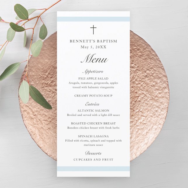 Programme Baptême moderne Elegant Blue Boys (Modern boys baptism menu with script headlines and simple cross.)