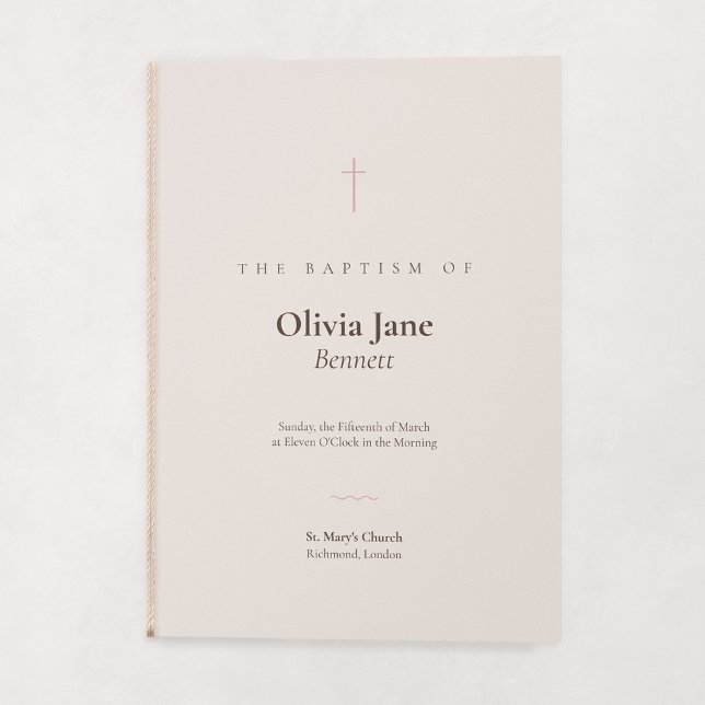 Programme Baptême plié minimal Croix Grace Blush (Grace | Blush - Folded Baptism Order of Service (String embellishment not included))