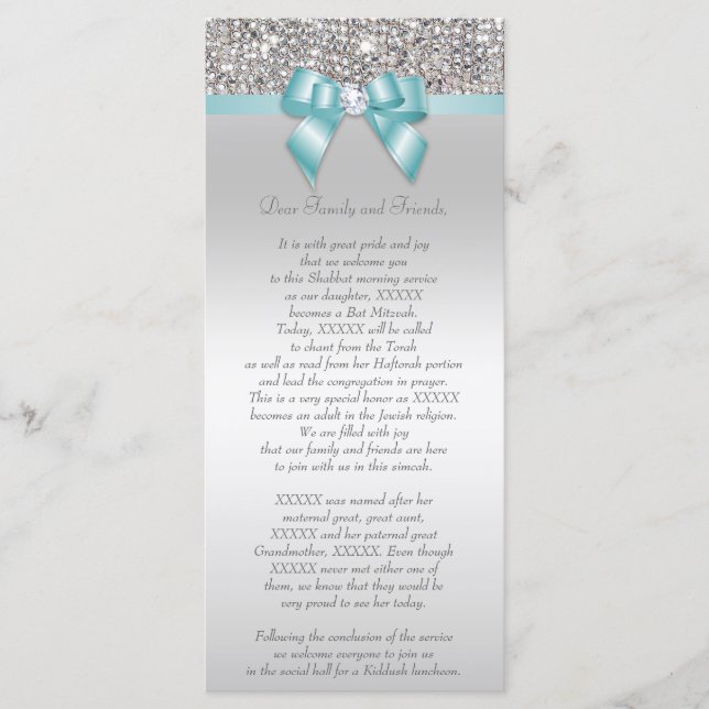 Programme bat mitzvah Silver Sequin Turquoise Bow (Devant)