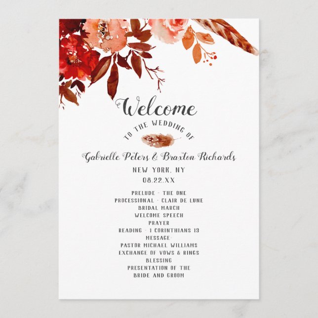 Programme Beauté rustique Floral Boho Chic Mariage cérémonie (Devant)