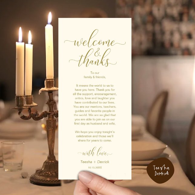 Programme Bienvenue et merci Mariage Place Setting Card (Modern Wedding Dinner Brunch Lunch Table Place Setting Thank You Card in Classy Yellow Gold)