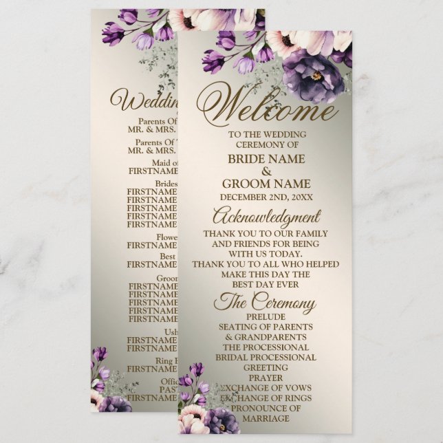 Programme Bienvenue Mariage Fleurs violettes rose or (Devant / Derrière)