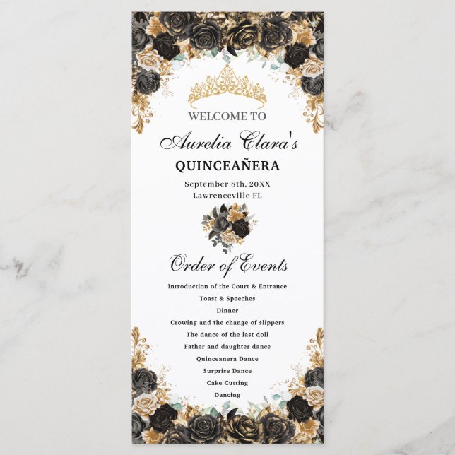 Programme Black and Gold Floral Quinceañera Order Events (Devant)