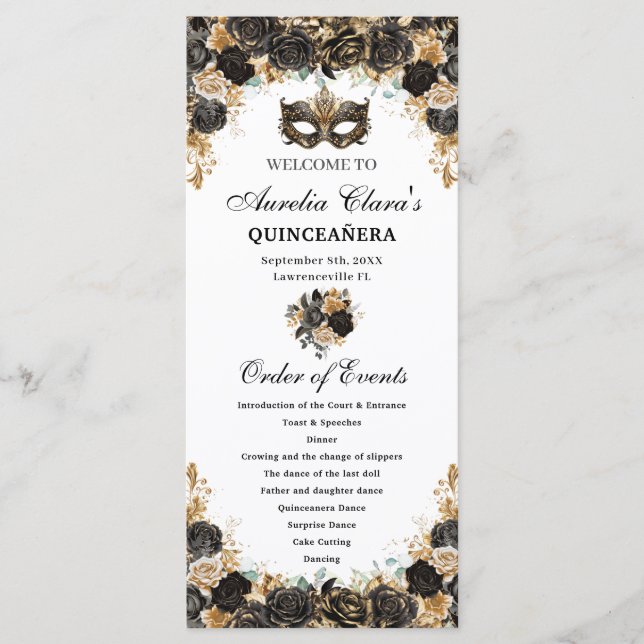 Programme Black Gold Floral Masquerade Mask Quinceañera  (Devant)