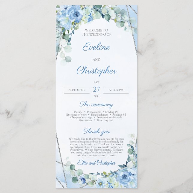 Programme Bleu Rustique Floral Argent Géométrique (Devant)