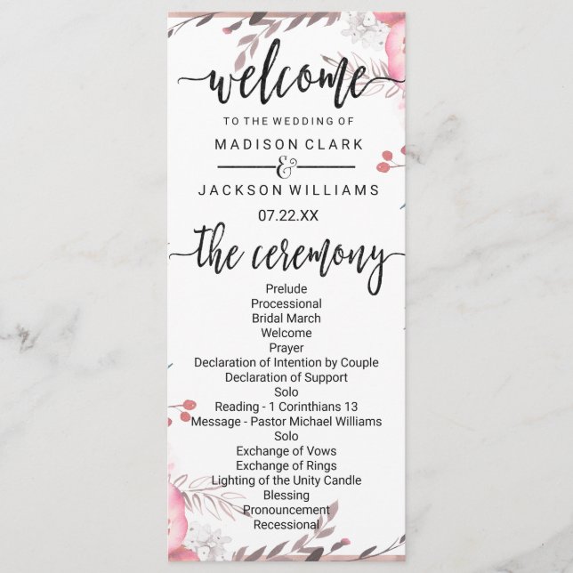 Programme Blush & Rose Gold encadré de mariage floral (Devant)