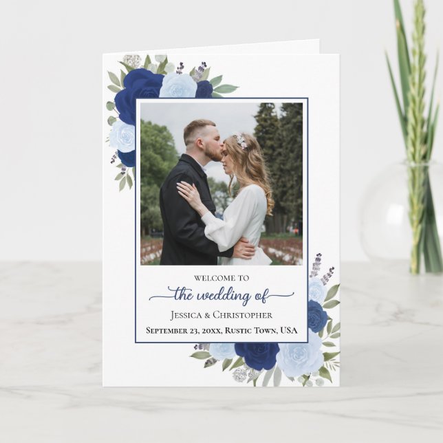 Programme Boho bleu Roses & Photo Mariage élégant (Devant)