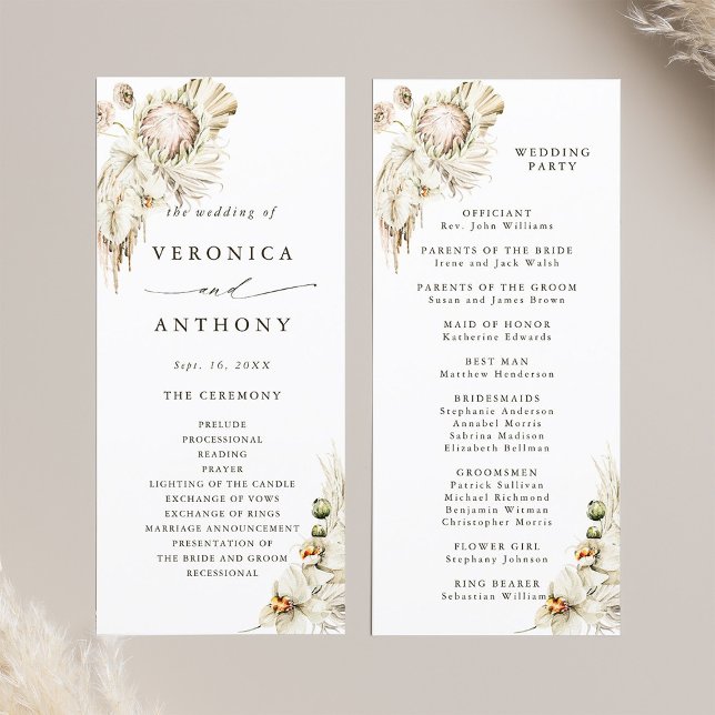 Programme Boho Protea Pampas Grass Floral Mariage Cérémonie (Front & Back)