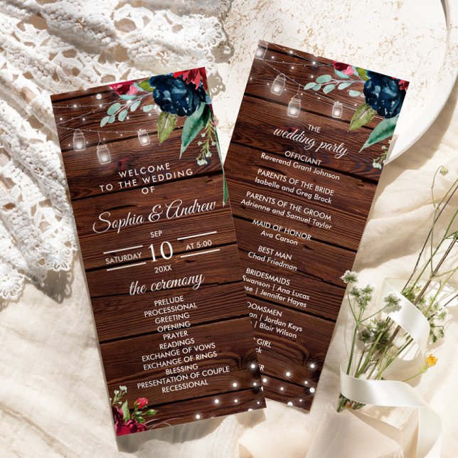 Programme Bois rustique Bourgogne Floral Lumières Mariage (Créateur téléchargé)