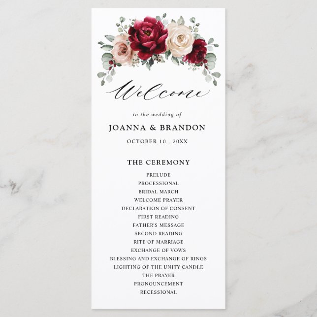 Programme Bourgogne Champagne Ivory Mauve Rose Floral Mariag (Devant)