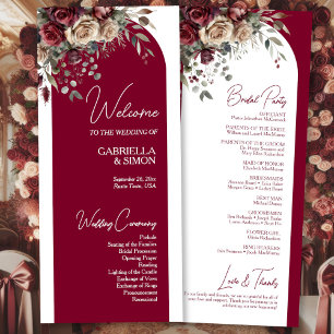 Programme Bourgogne & Crème Roses Mariage d'arc élégant