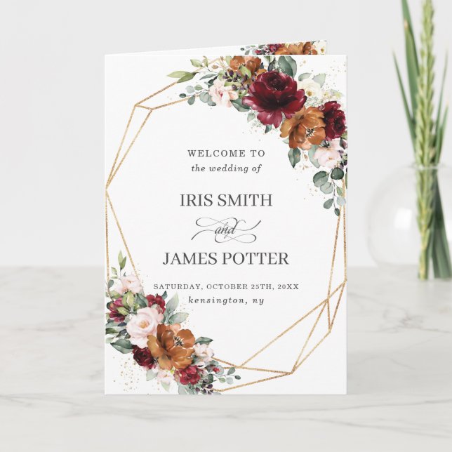Programme Bourgogne Orange Ivory Floral Gold Wedding Program (Devant)