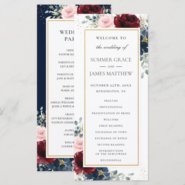 Programme Bourgogne riche Rouge Bleu Rose Floral Mariage (Devant / Derrière)
