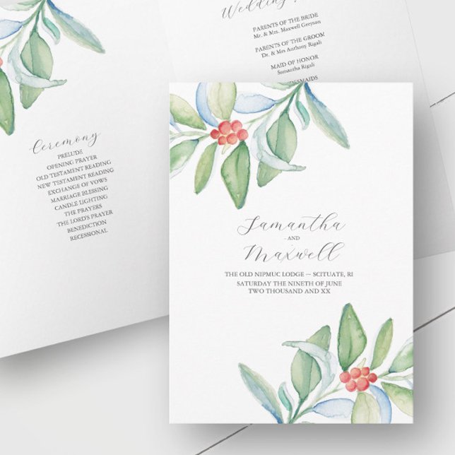 Programme Brochure de la cérémonie des Mariages de Noël (Christmas Wedding Ceremony Pamphlet designed w/ hand painted watercolor art by Victoria Grigaliunas)