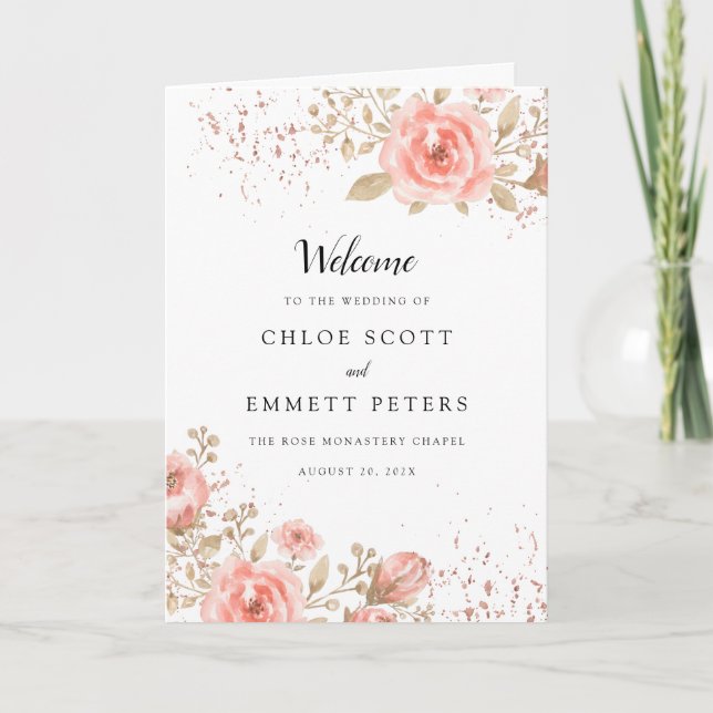 Programme Brochure élégante Mariage Rose Gold Floral (Devant)