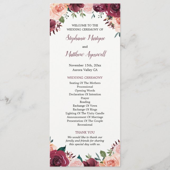 Programme Burgundy Blush Aquarelle Automne Mariage Floral (Devant)