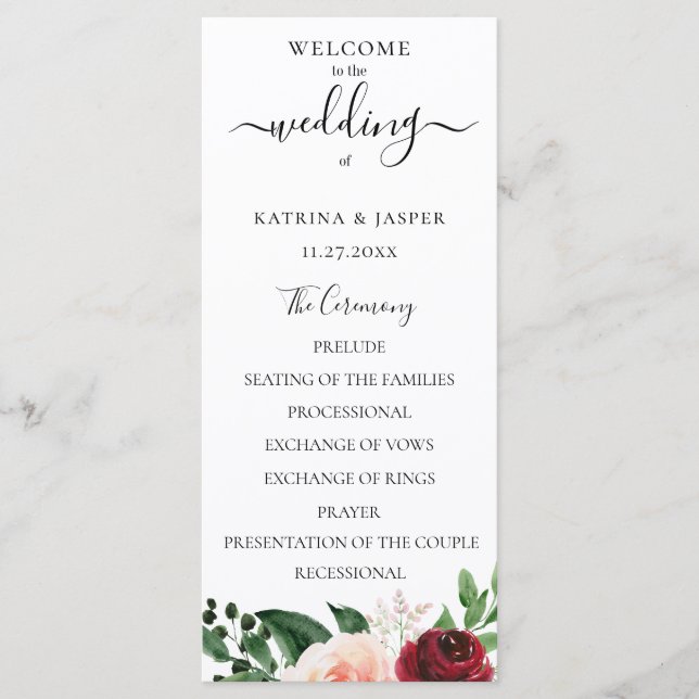 Programme Burgundy Blush Aquarelle Mariage Floral (Devant)