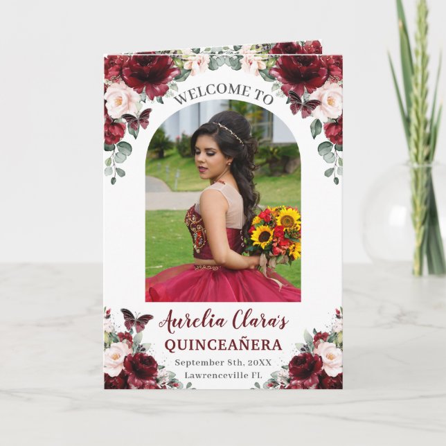 Programme Burgundy Blush Floral Quinceañera Ordre des événem (Devant)