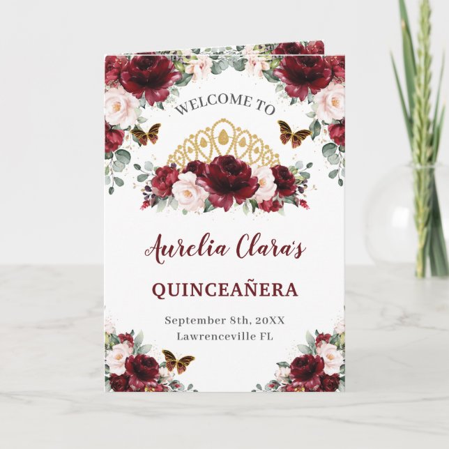 Programme Burgundy Blush Floral Quinceañera Ordre des événem (Devant)