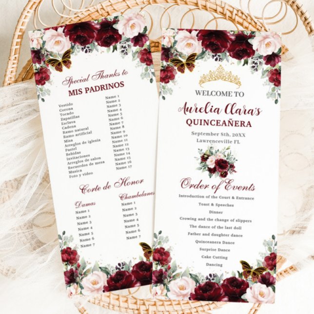 Programme Burgundy Blush Floral QUINCEAÑERA Ordre des événem (blush-burgundy-floral-butterflies-tiara-gold-quinceanera-15th-birthday-order-of-events-program)