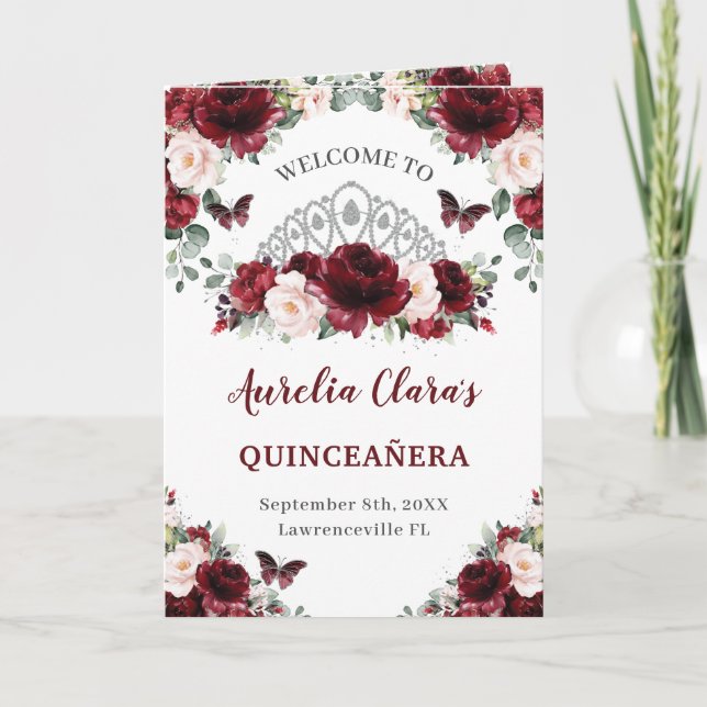 Programme Burgundy Blush Floral Quinceañera Ordre des événem (Devant)