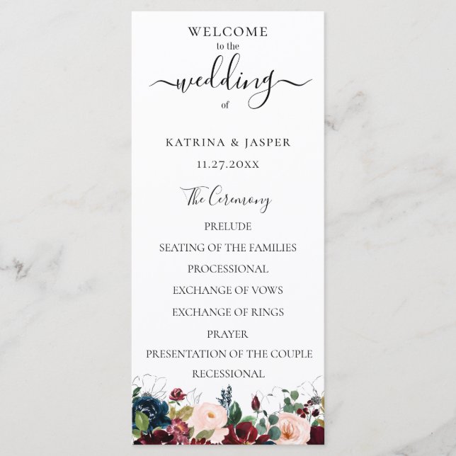 Programme Burgundy Blush Navy Aquarelle Florale Mariage (Devant)