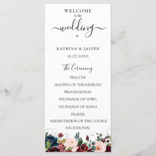 Programme Burgundy Blush Navy Aquarelle Florale Mariage