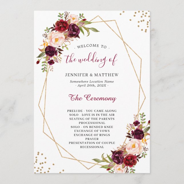 Programme Burgundy Rouge Blush Floral Or Mariage géométrique (Devant)