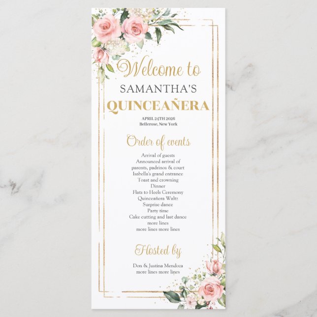 Programme Cadre géométrique Quinceanera rose floral Or (Devant)