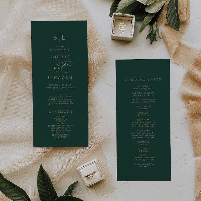 Programme Calligraphie verte romantique Monogramme Mariage (Créateur téléchargé)
