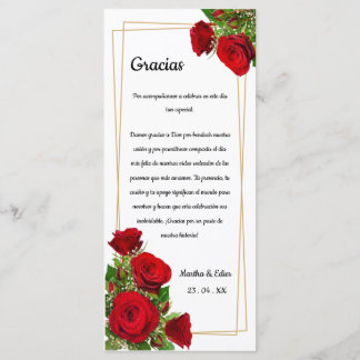 Programme Carton de Table Merci Classique Roses Rouges Or Es