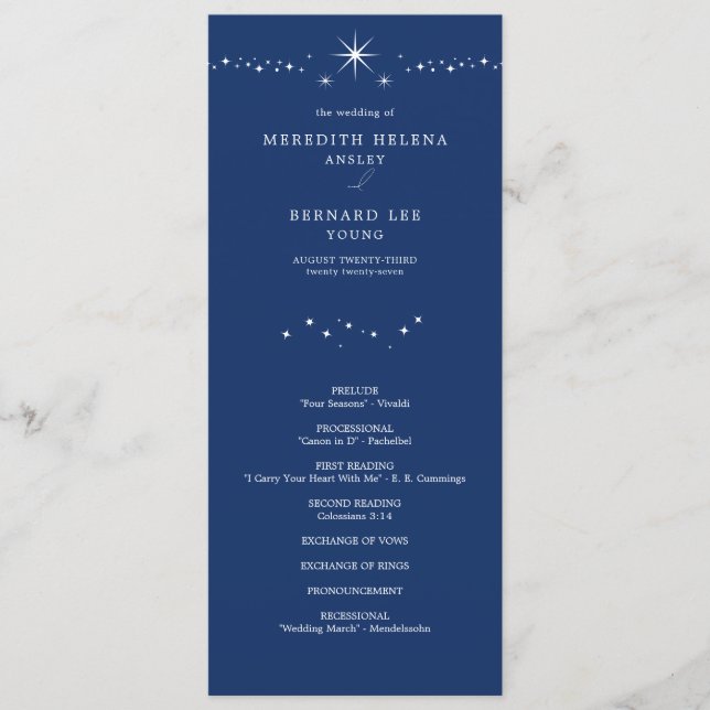 Programme Celestial Elegant Stars Navy Blue Wedding Flat (Devant)