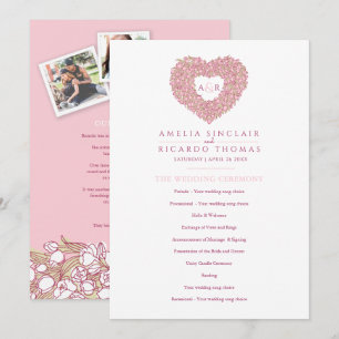 Programme Cérémonie d'amour de coeur tulipes roses mariage