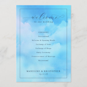 Programme Cérémonie de mariage à l'aquarelle bleu sérénité