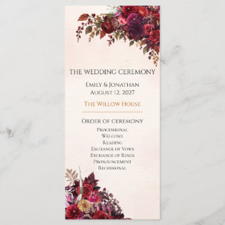 Programme Cérémonie de mariage automnal avec rose de Bourgog