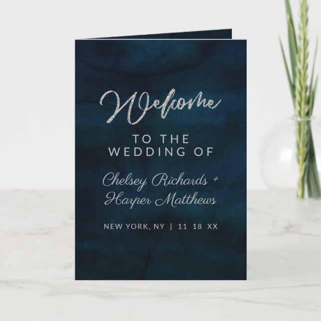Programme Cérémonie de mariage bleu-foncé d'aquarelle de (Devant)