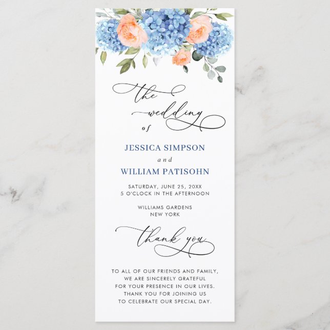 Programme Cérémonie de Mariage Blue Hydrangea Blush Rose Ros (Devant)