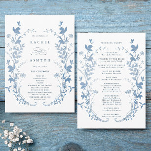 Programme Cérémonie de mariage botanique bleu français éléga