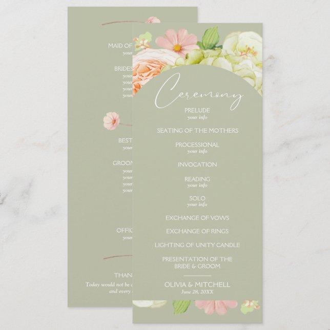 Programme Cérémonie de Mariage Chic Florals Sage Green (Devant / Derrière)