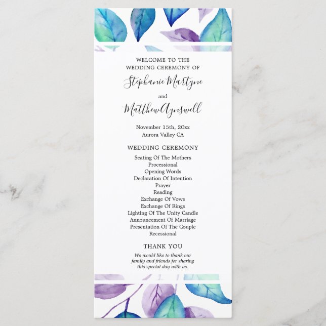 Programme Cérémonie de Mariage de feuille d'aquarelle violet (Devant)